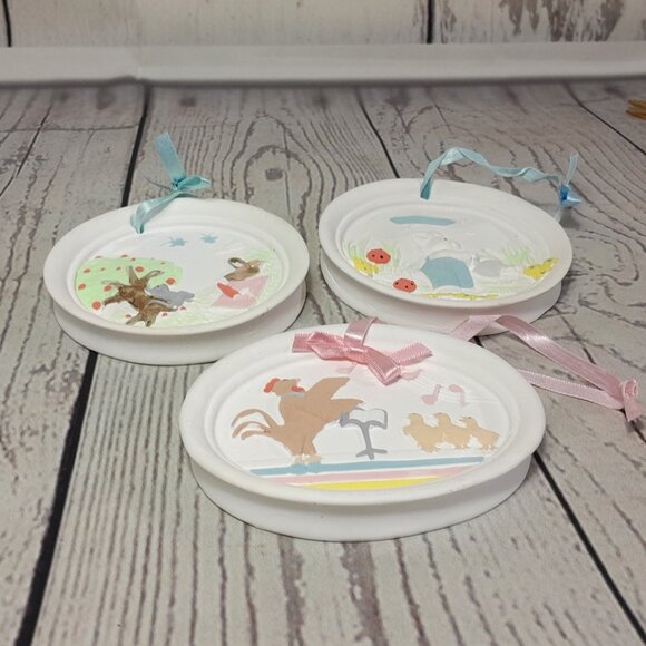 Mouse Rabbit Chicken Chalk Ware Wall Plaque Set Of 3 Ornament Round Oval Hanging - Picture 9 of 13